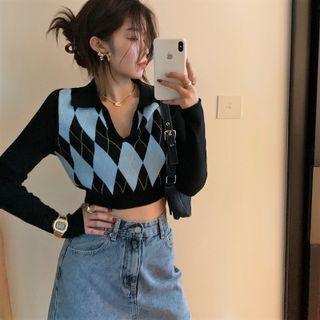 Long-sleeve Argyle Cropped Knit Top