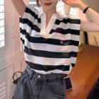 Cap-sleeve Striped Polo Shirt Stripes - Black & White - One Size