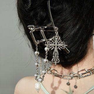Cross Faux Pearl Hair Clamp Silver - One Size