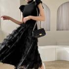 Set: Ruffle-sleeve Top + Fringe-trim Skirt Black - One Size