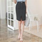 Slit-front Stripe Skirt With Belt