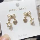 Bow Rhinestone Heart Faux Pearl Fringed Earring 1 Pair - As Shown In Figure - One Size