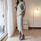 Set: Turtle-neck Wool Blend Sweater + Slit-hem Knit Skirt