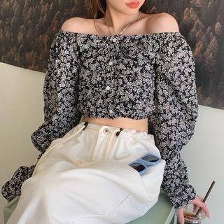 Off-shoulder Floral Cropped Blouse Floral - White & Black - One Size