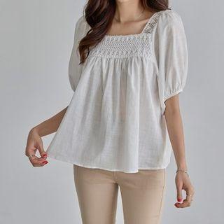 Puff-sleeve Crochet-trim Blouse