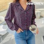 Open-placket Puff-sleeve Floral Blouse