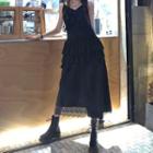 Spaghetti Strap Tiered Lace Trim A-line Midi Dress Black - One Size