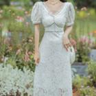 Short-sleeve V-neck Midi A-line Lace Dress