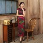 Cap-sleeve Printed Silk Maxi Cheongsam