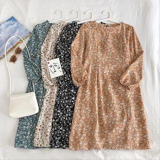 Floral Crewneck Lace-up Long-sleeve Dress