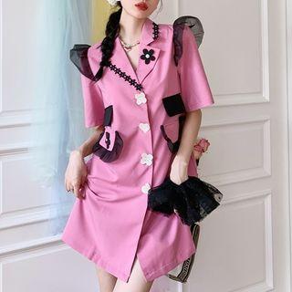 Elbow-sleeve Mesh Ruffled Mini Blazer Dress