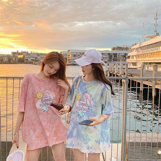 Elbow-sleeve Cartoon Print Tie-dyed T-shirt
