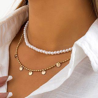 Set: Disc Fringed Alloy Choker + Faux Pearl Choker