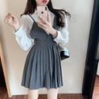Long Sleeve Plain Shirt / Spaghetti-strap V-neck Pleated A-line Dress