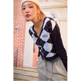 [nice To Meet Chuu] Argyle Cardigan Navy Blue - One Size