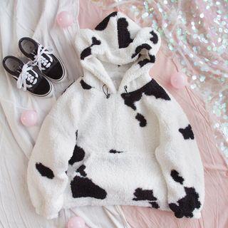 Cow Print Fleece Hoodie As Shown In Figure - One Size