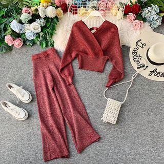 Set: Long-sleeve Cropped Knit Top + Wide-leg Pants