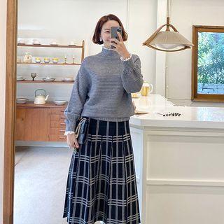 Band-waist Checked Flare Knit Skirt