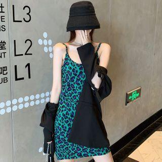 Paneled Blazer / Spaghetti Strap Leopard Print Mini Sheath Dress