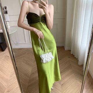 Spaghetti Strap Velvet Panel Midi Sheath Dress