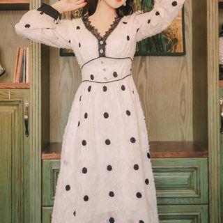 Puff-sleeve Dotted Fringed Midi A-line Dress
