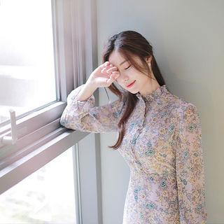 Frill-neck Floral Pattern Chiffon Shirtdress