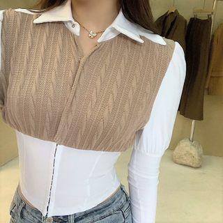 Knit Panel Long-sleeve Zip-up Polo Shirt