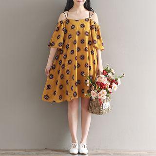 Off-shoulder Short-sleeve Printed Dress