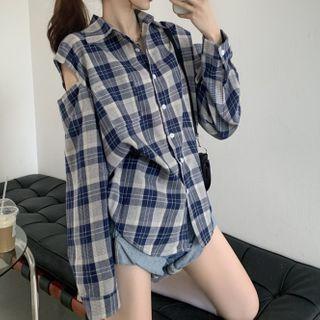 Plaid Cold-shoulder Shirt Plaid - One Size