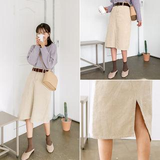 Asymmetric-hem Corduroy Midi Skirt