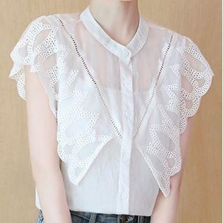 Lace Trim Stand Collar Chiffon Top
