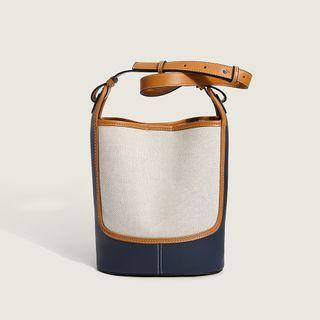 Color Block Canvas Crossbody Bucket Bag Brown Trim - Light Gray - One Size