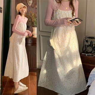 Plain Long-sleeve Slim-fit T-shirt / Floral Sleeveless Dress