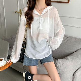 Long-sleeve Plain Sheer Hooded Top