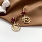 Alloy Disc & Bead Dangle Earring 1 Pair - Red Bead - Gold - One Size