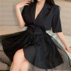 Notch Lapel Cutout Mesh Panel Midi A-line Dress