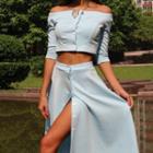Set: Off-shoulder Elbow-sleeve Crop Top + Slit Midi A-line Skirt