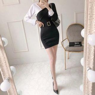 Asymmetric-neckline Bodycon Dress With Belt