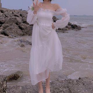 Long-sleeve Off-shoulder Ruffled Maxi A-line Dress