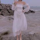 Long-sleeve Off-shoulder Ruffled Maxi A-line Dress