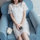 Set: Elbow-sleeve Lace Top + Fitted Lace Skirt