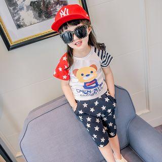 Set Of Two: Short-sleeve Cartoon Printed T-shirt + Star Printed Pants