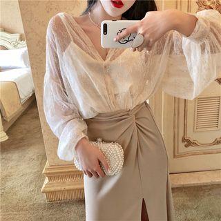 Lace Long-sleeve Top / Camisole / Midi Slit Skirt /set