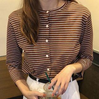 3/4-sleeve Button-detail Striped T-shirt