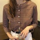 3/4-sleeve Button-detail Striped T-shirt
