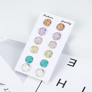 6 Pair Set: Disc Earring 1 Pair - Purple & Yellow & Green - One Size