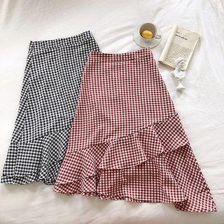 Plaid Asymmetric High-waist A-line Skirt