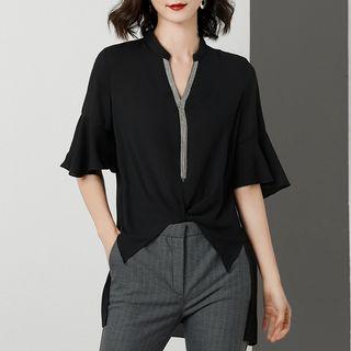Elbow-sleeve Dip Back Chiffon Top