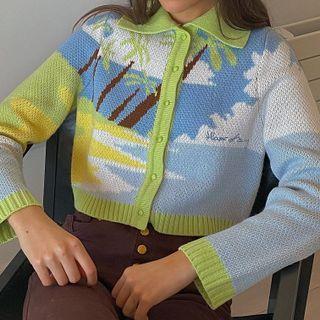 Printed Long-sleeve Cropped Cardigan