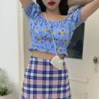 Floral Short-sleeve Top / Plaid Pencil Skirt
